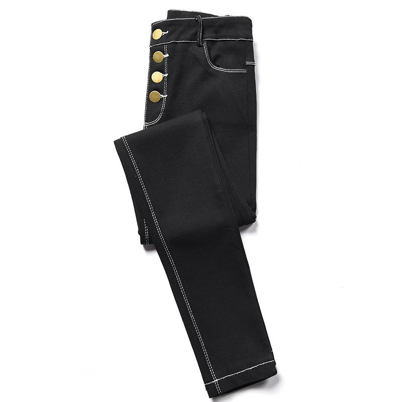 Spring and autumn large size breasted black jeans women's outerwear thin section high waist tight trousers slim pencil pants