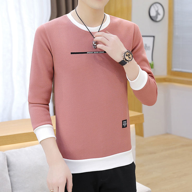 Autumn and winter new men's sweater long sleeve T-shirt round neck slim fitting sleeve with plush thickened young student men's jacket