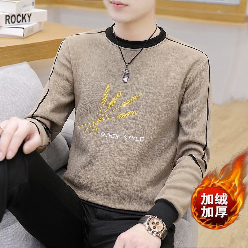 Autumn and winter new men's sweater long sleeve T-shirt round neck slim fitting sleeve with plush thickened young student men's jacket