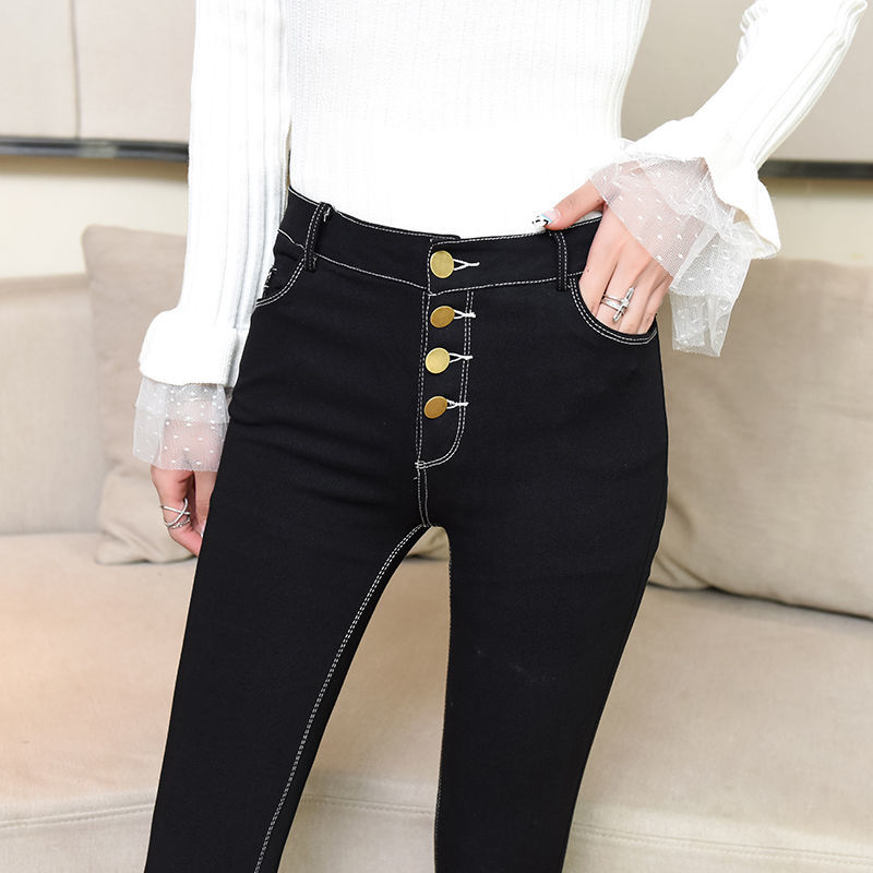 Spring and autumn large size breasted black jeans women's outerwear thin section high waist tight trousers slim pencil pants