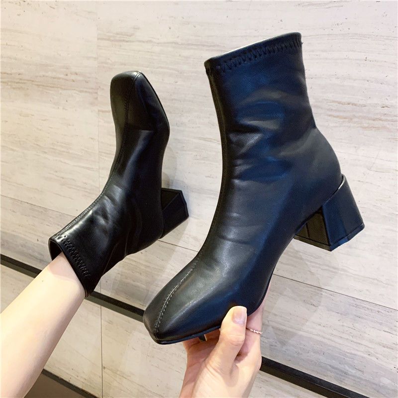 Martin boots female student short boots autumn new Mid Heel square head British style square heel single boots thin boots high heels thick heels