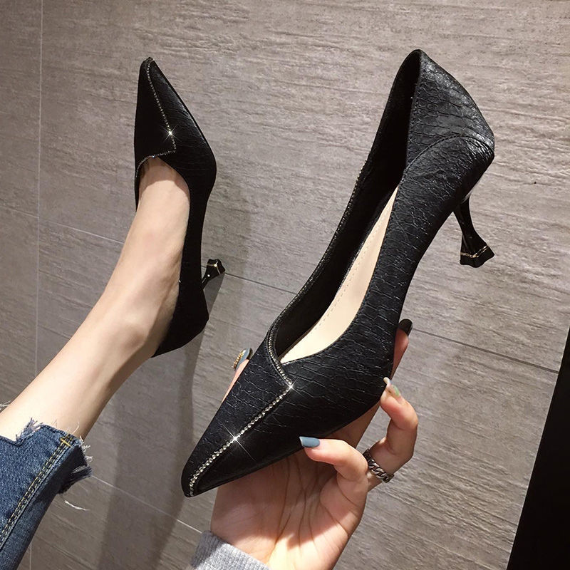 軟皮高跟鞋女2020年秋季新款名媛法式少女不磨腳水鑽細跟尖頭單鞋