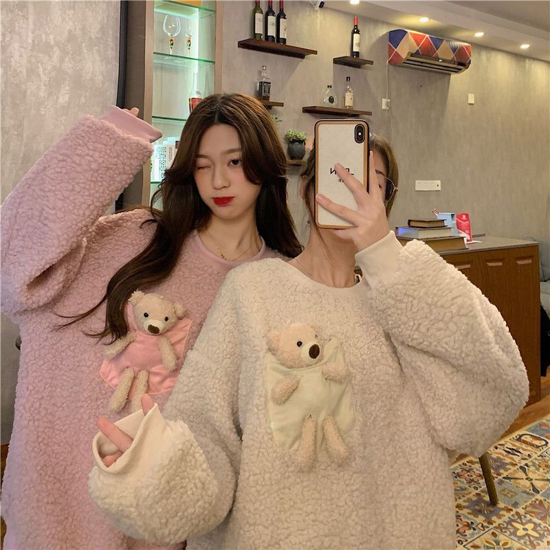 Autumn and winter Korean version new imitation lamb hair bear cute Pullover Sweater female loose student lazy wind coat