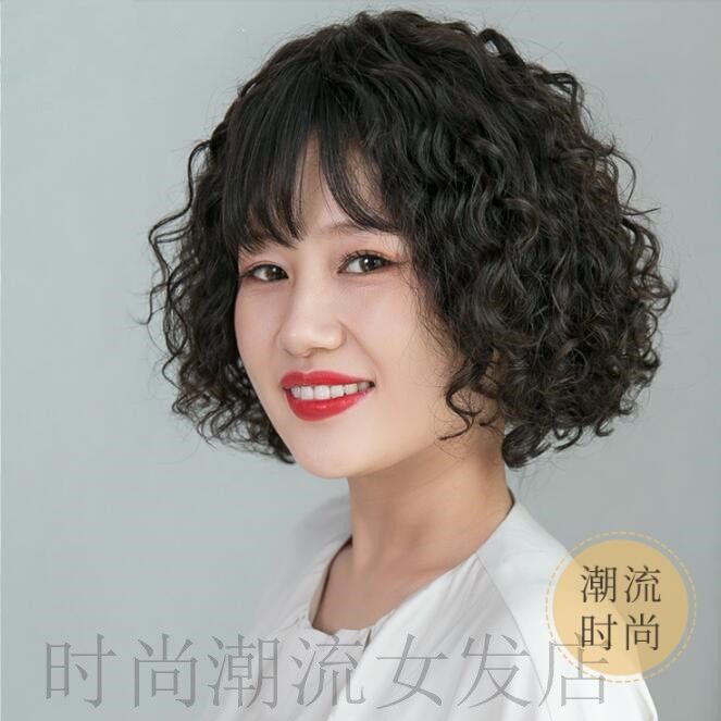 假发女短卷发玉米烫羊毛卷真人发丝时尚修脸中老年妈妈款全头套