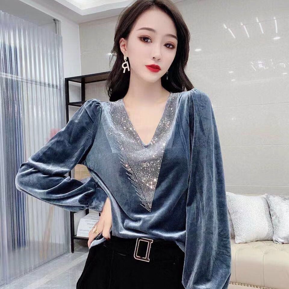 T-shirt women's long-sleeved tops autumn women's clothing new bottoming shirt tops V-neck gold velvet diamond-studded fashion foreign style tide