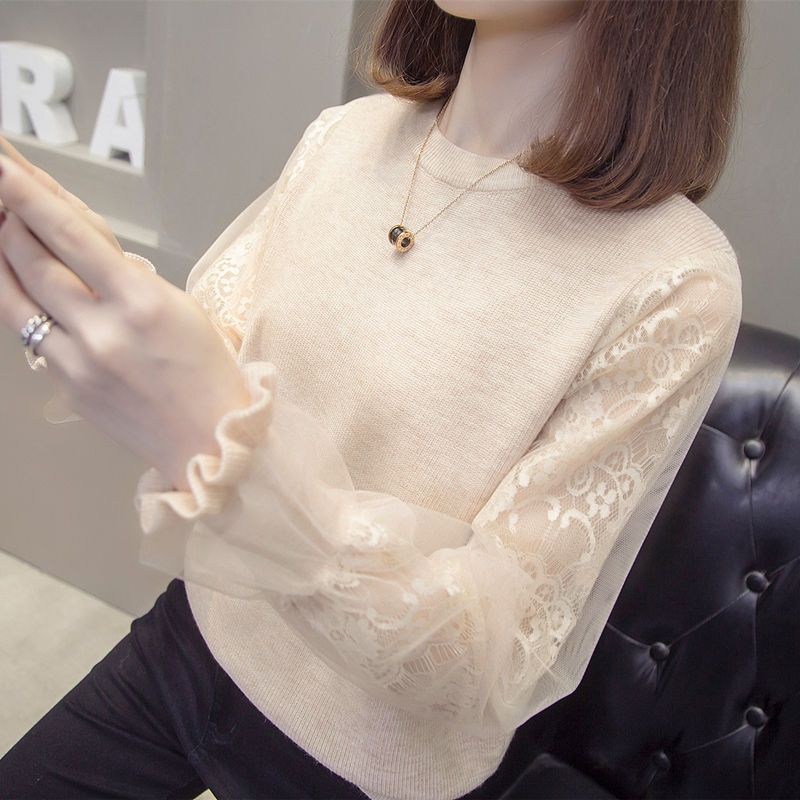 Autumn new loose Korean mesh lace stitching T-shirt short long sleeve versatile sweater women's Outerwear