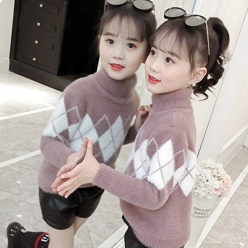 女童毛衣2020新款小女孩兒童水貂絨洋氣針織衫加絨加厚冬裝打底衫