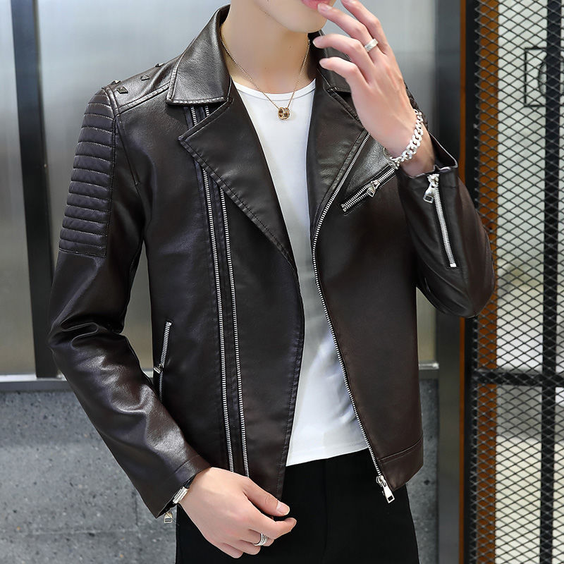 Leather Men's leisure motorcycle leather coat Korean fashion handsome leather jacket men's Lapel PU leather