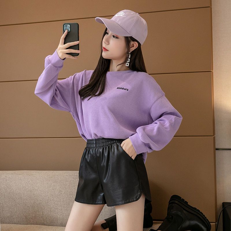 PU leather shorts women's  new loose plus velvet thickened wide legs look thin autumn and winter high waist leather pants short outer wear tide