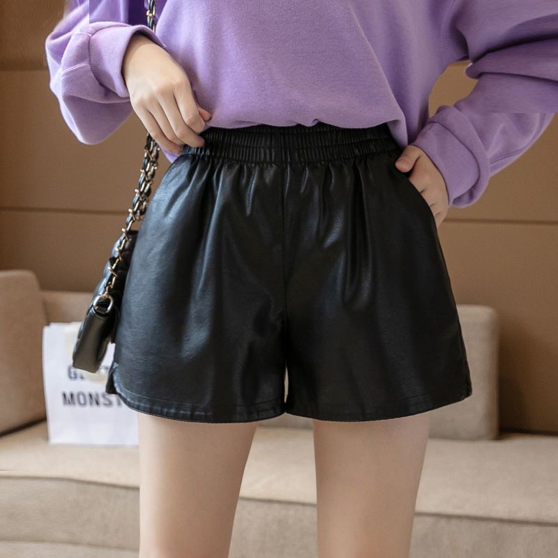 PU leather shorts women's  new loose plus velvet thickened wide legs look thin autumn and winter high waist leather pants short outer wear tide