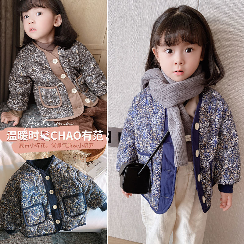 Girls autumn and winter coat Plush retro floral national style single breasted cotton jacket 2020 new style