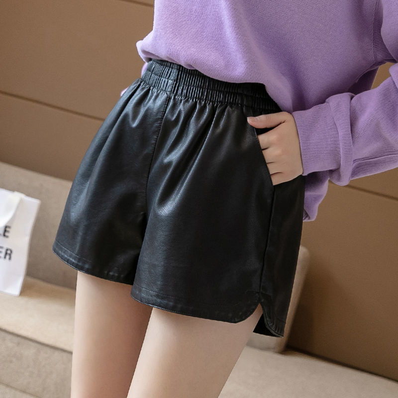 PU leather shorts women's  new loose plus velvet thickened wide legs look thin autumn and winter high waist leather pants short outer wear tide