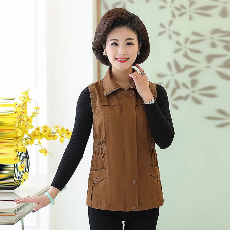 Middle-aged and elderly women's spring and autumn waistcoat jacket mid-length mother's clothing large size pure cotton ladies waistcoat vest shoulder vest