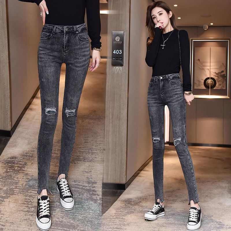 Autumn and winter new smoky grey jeans women's Plush patch with holes tight and thin elastic nine point pencil Leggings