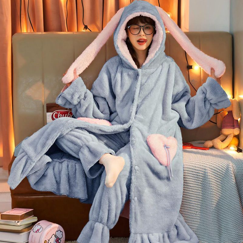 Plush pajamas women's autumn and winter thickened warm coral velvet Nightgown long two piece suit flannel housewear