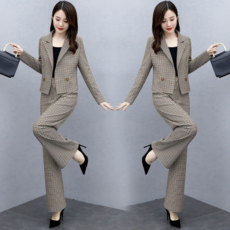 单/套装 春季2023新款韩版套裤时尚气质休闲格子阔腿裤两件套装女