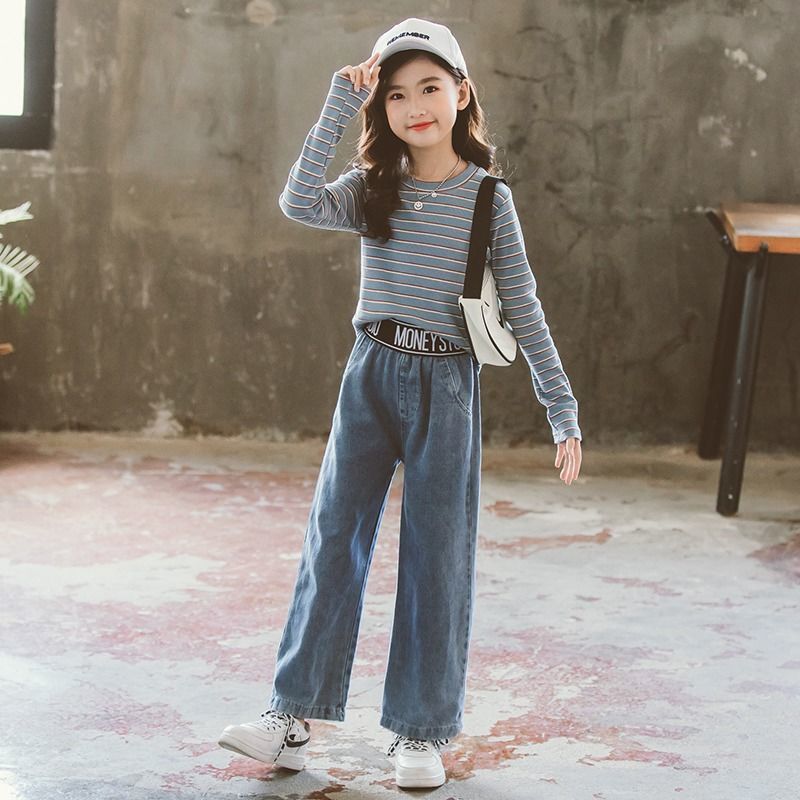 Girls' wide leg pants autumn wear new girls' foreign style Korean jeans medium and large children's casual straight pants children's trousers