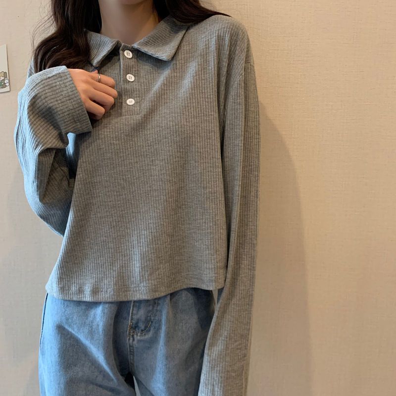 Loose bottoming shirt top autumn clothing 2023 new Korean version gray autumn POLO shirt long-sleeved T-shirt female ins tide