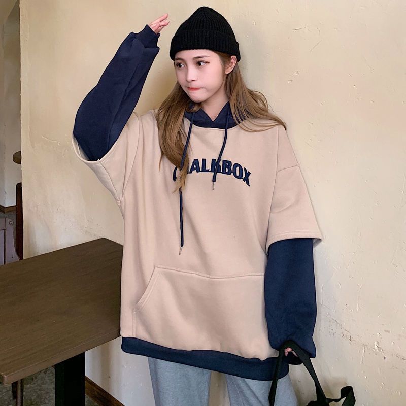 Fleece thickened sweater women's 2020 autumn and winter new loose Korean style lazy wind jacket fake two long-sleeved tops