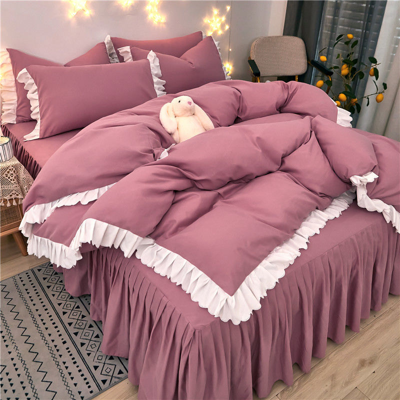 Bed skirt bed sheet four-piece quilt cover girl heart ins princess wind bed three-piece set small fragrance Fengshui washed cotton brushed