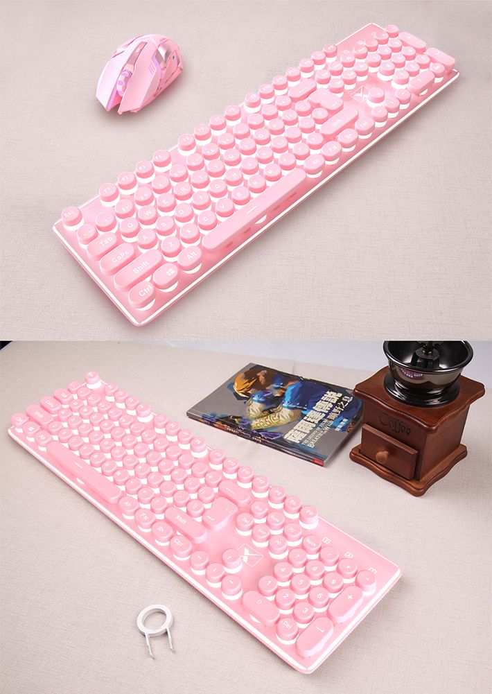 粉色可爱机械手感有线USB朋克键盘鼠标套装游戏办公电脑静音家用