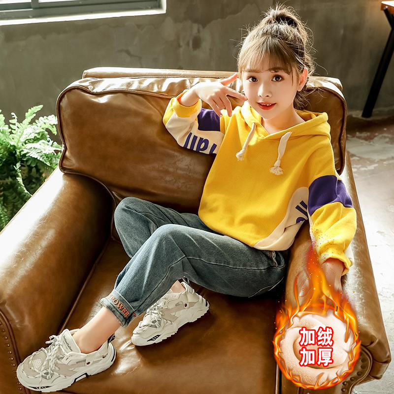 Girl's autumn suit new style children's winter fashionable sweater girl's foreign style jeans two piece set