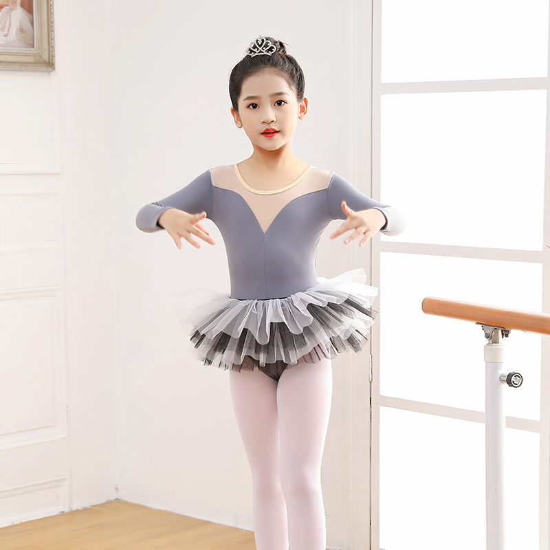 Dance clothing children's autumn and winter gray ballet skirt long-sleeved test grade dance performance split Chinese dance clothing