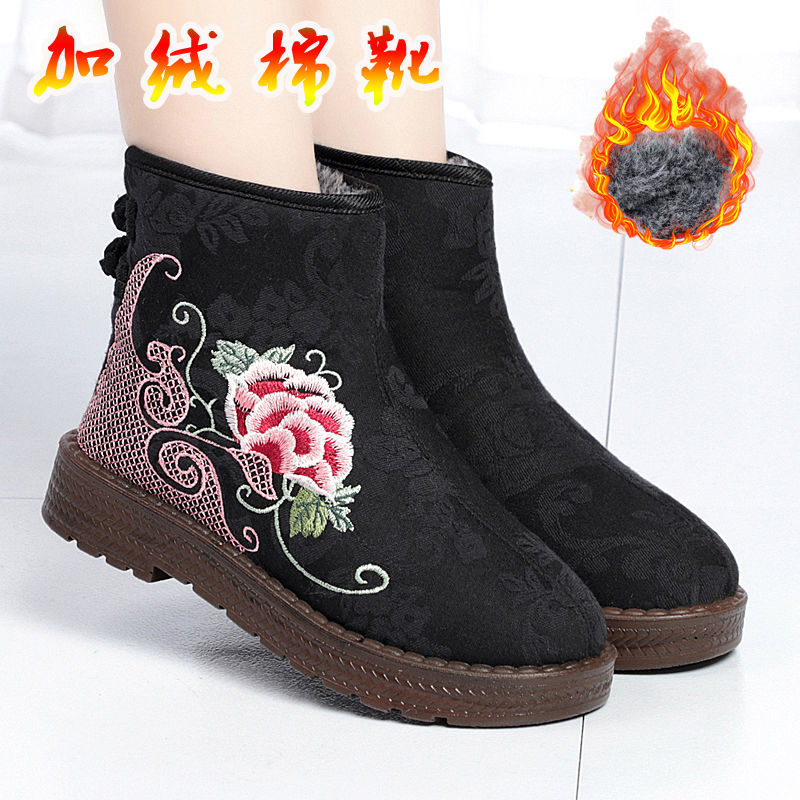汉服绣花棉靴老北京棉鞋加绒加厚女士保暖鞋中老年妈妈民族风棉鞋