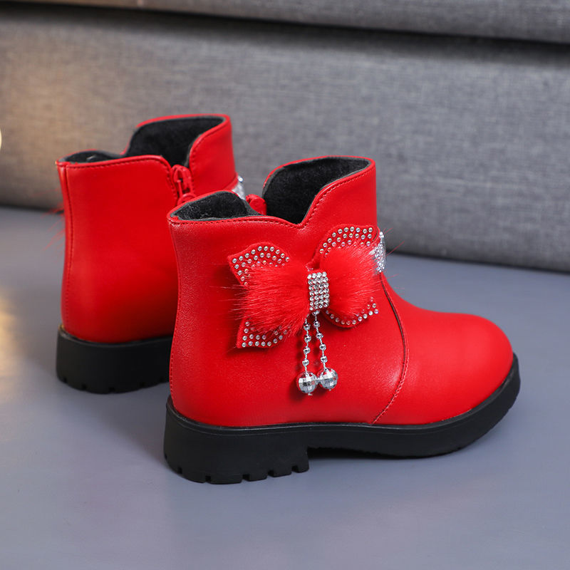Girls' cotton boots baby middle top children's warm shoes winter fashion bow diamond girls' two cotton boots