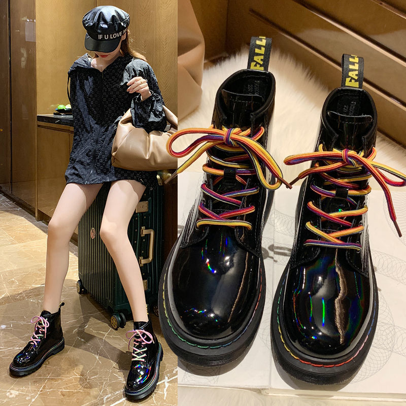 馬丁靴女春秋2021新款百搭炫酷潮流鐳射亮皮短靴帥氣機車短靴子潮
