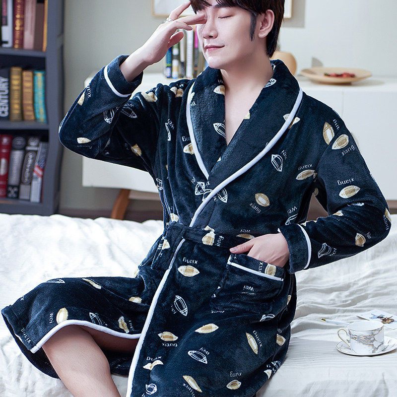 Autumn winter coral velvet Nightgown Pajamas men's thickened Plush Large Size Youth flannel bathrobe home suit