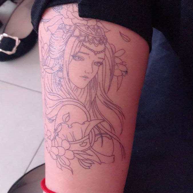 虞姬线条纹身贴貂蝉滴泪艺伎纹身防水持久逼真刺青色艺妓花臂