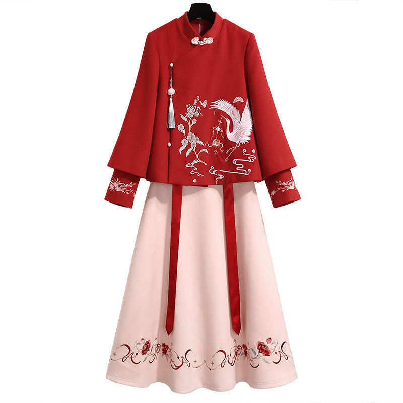 Single/Two-piece set Autumn and winter new year's greetings Chinese style Tang suit bridesmaid dress antique elements improved Hanfu women