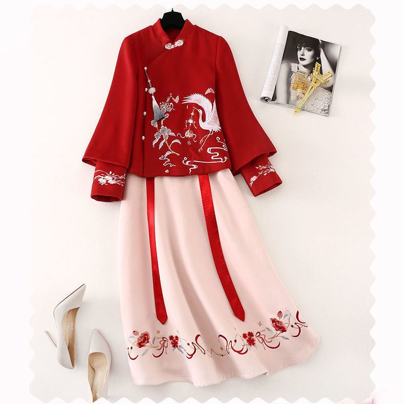 Single/Two-piece set Autumn and winter new year's greetings Chinese style Tang suit bridesmaid dress antique elements improved Hanfu women