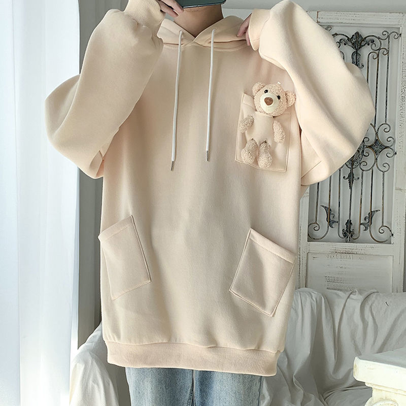 Autumn and winter sweater men's Plush thickened ins Korean bear trend loose couple student hoodie coat