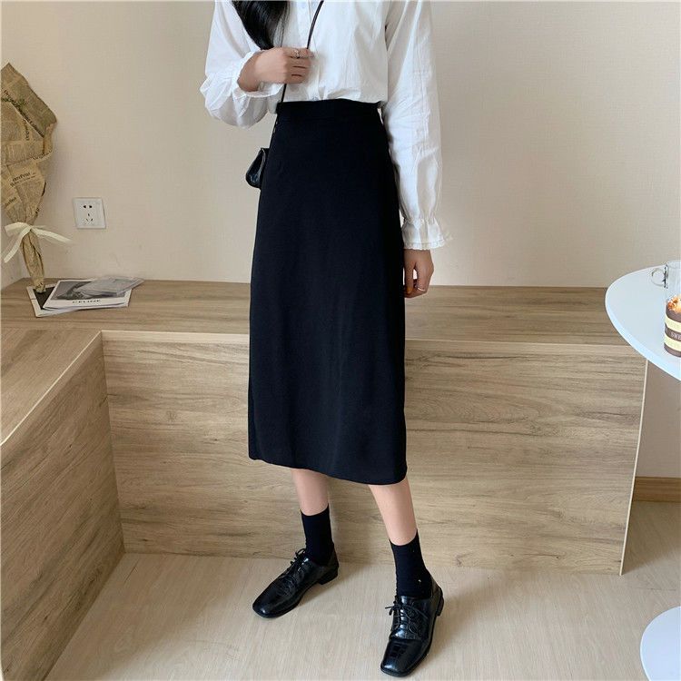 2021 summer new large size fat mm mid-length black skirt high waist slit A-line skirt one step bag hip skirt