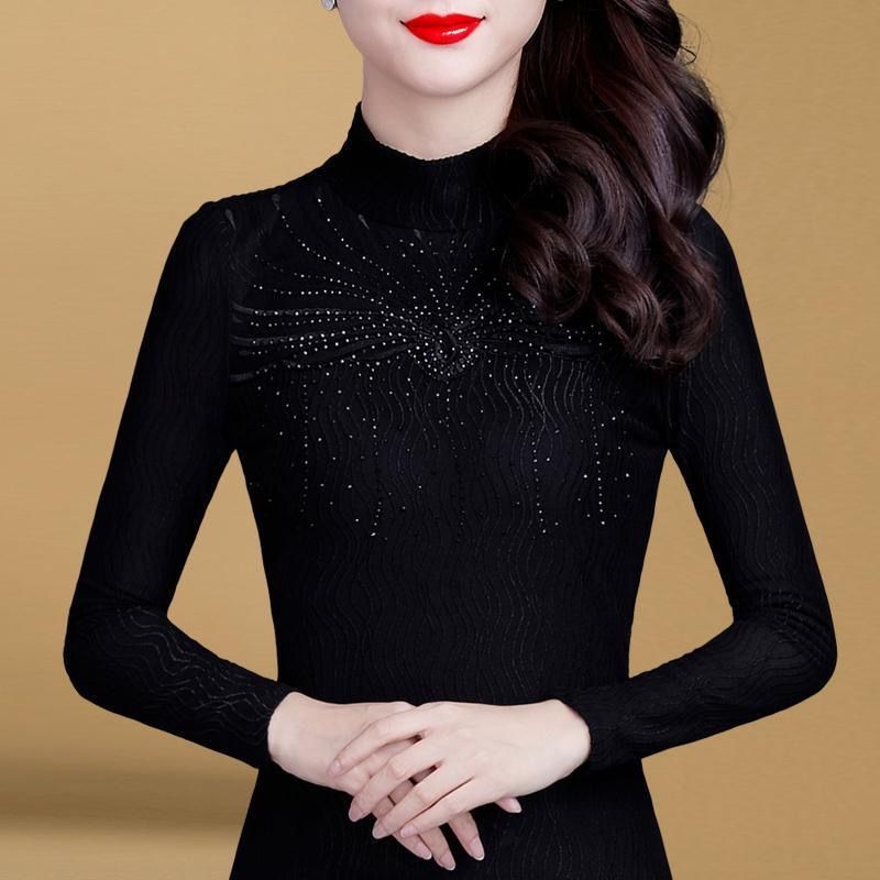 加絨打底衫女長袖2020秋裝新款黑色蕾絲高領小衫加厚秋冬保暖上衣