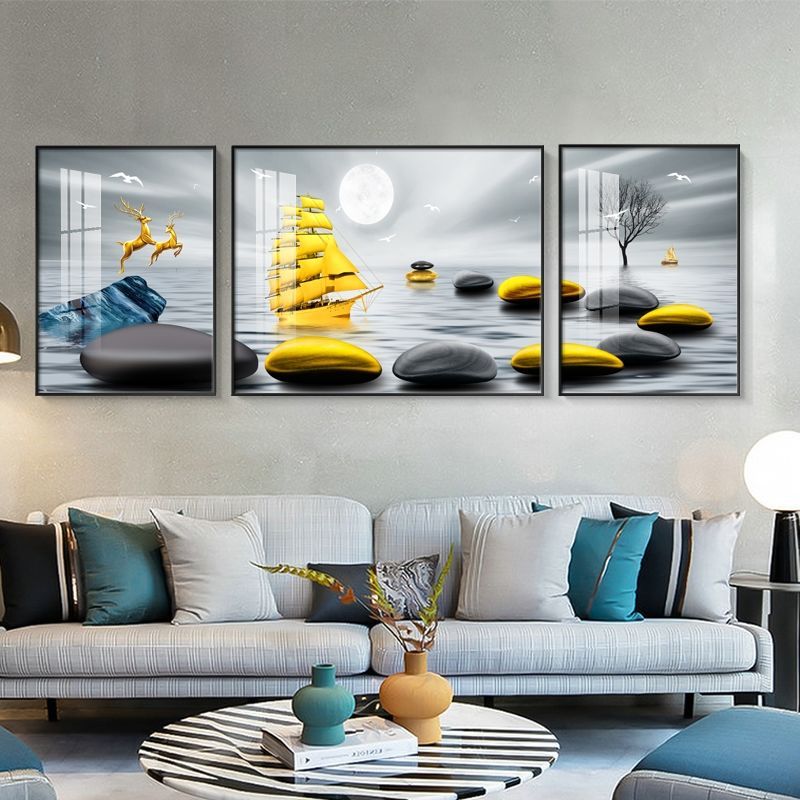 客厅装饰画沙发背景墙挂画石来运转轻奢现代简约招财壁画三联墙画