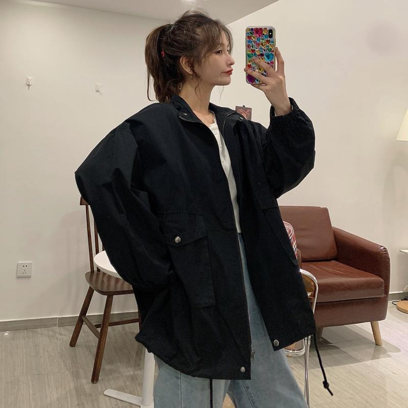 Workwear jacket female autumn Hong Kong style BF lazy style stand-up collar top student Korean version loose slim retro windbreaker trend