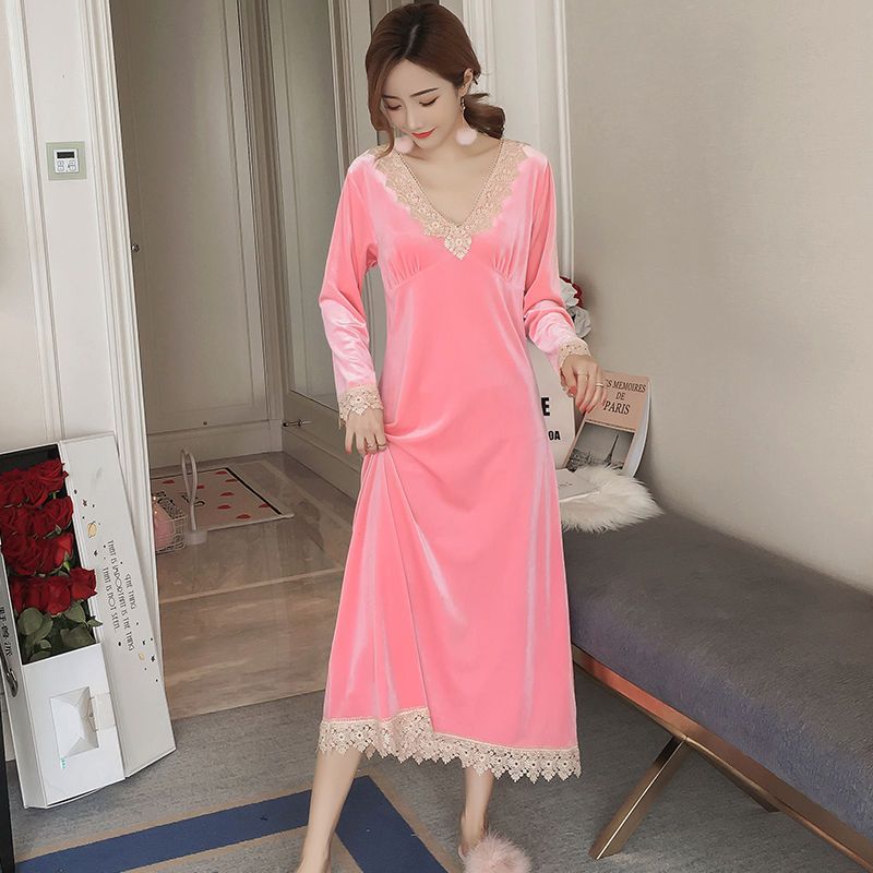 Gold velvet nightdress female spring and autumn long section knee to ankle sexy wearable long-sleeved pajamas  new autumn and winter