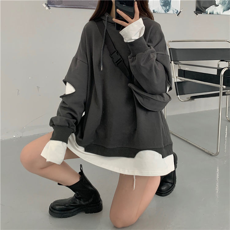 Autumn new style sweater women's fashion ins hooded Student Korean loose lazy style splicing coat fake two top