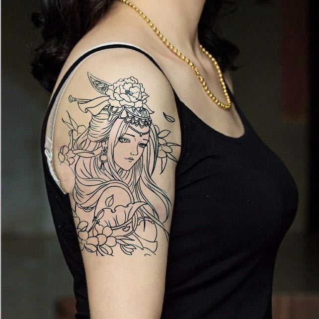 割线艺妓刺青色防水纹身贴男女款手臂花臂小腿持久仿真 虎窝拼