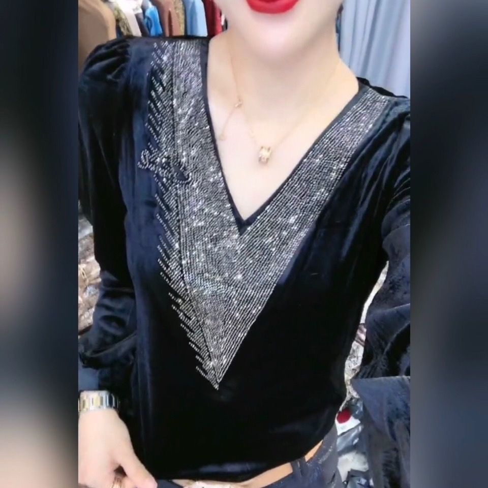 Gold velvet top women's long-sleeved autumn and winter new 2021 fashion foreign style half-high collar hot diamond slim bottoming shirt for women