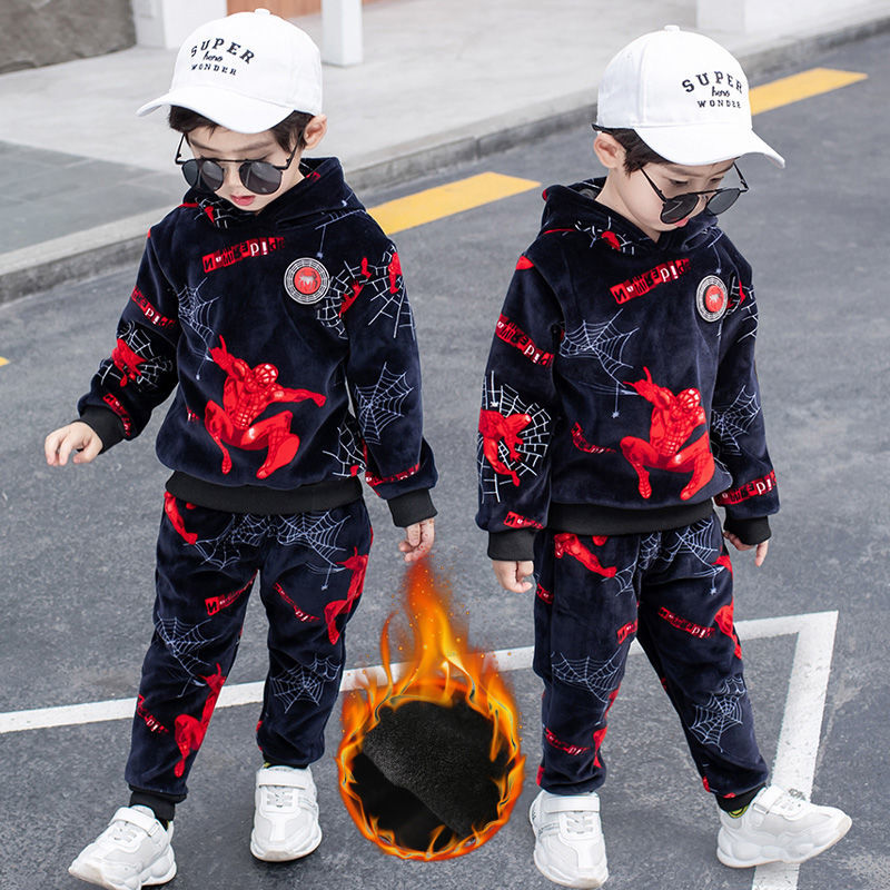 Boys and girls autumn and winter clothing 2022 new children's velvet thickening suit baby gold velvet warm two-piece set Western style