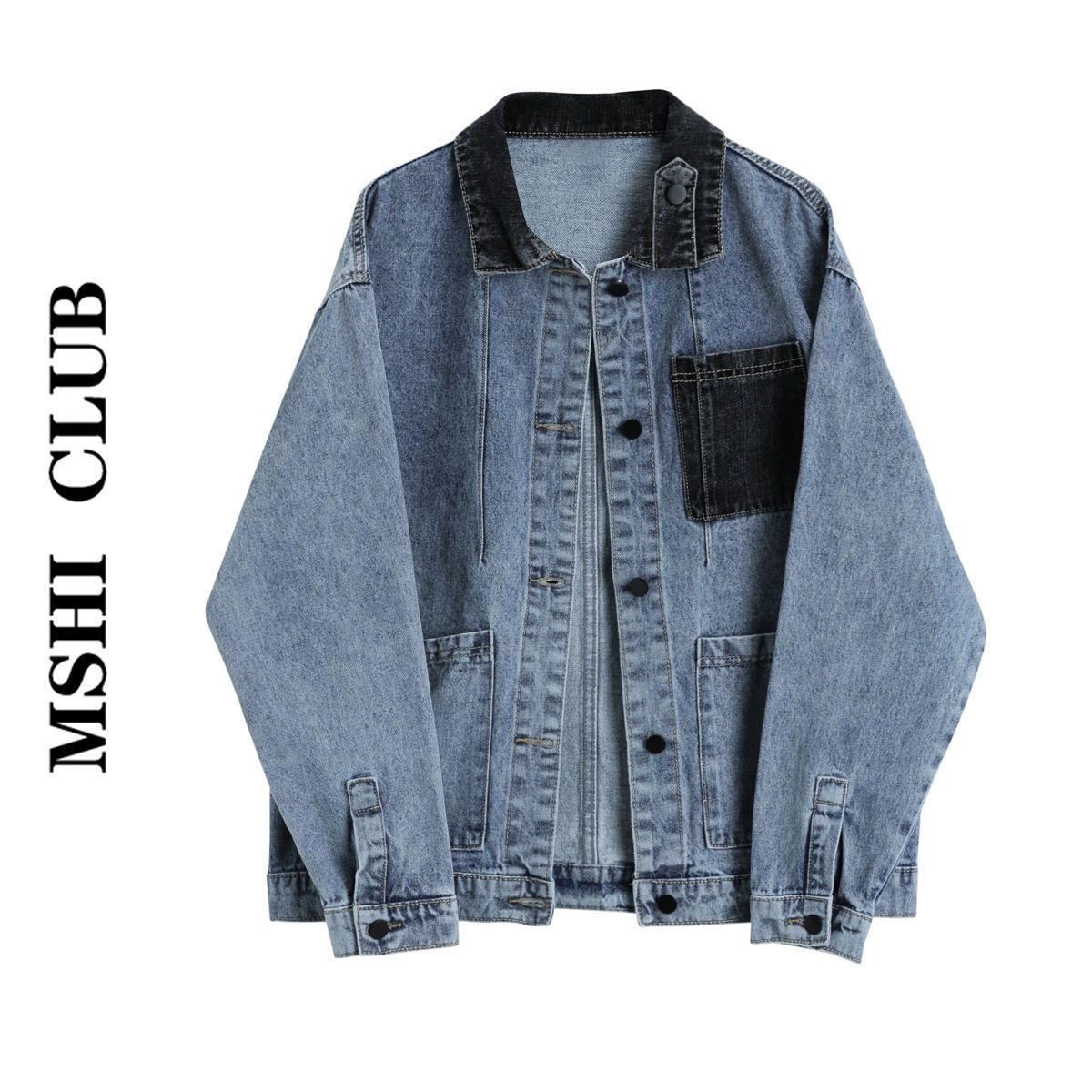 MHSICLUB color-blocking loose denim jacket women's autumn new retro Hong Kong style long-sleeved jacket top coat tide