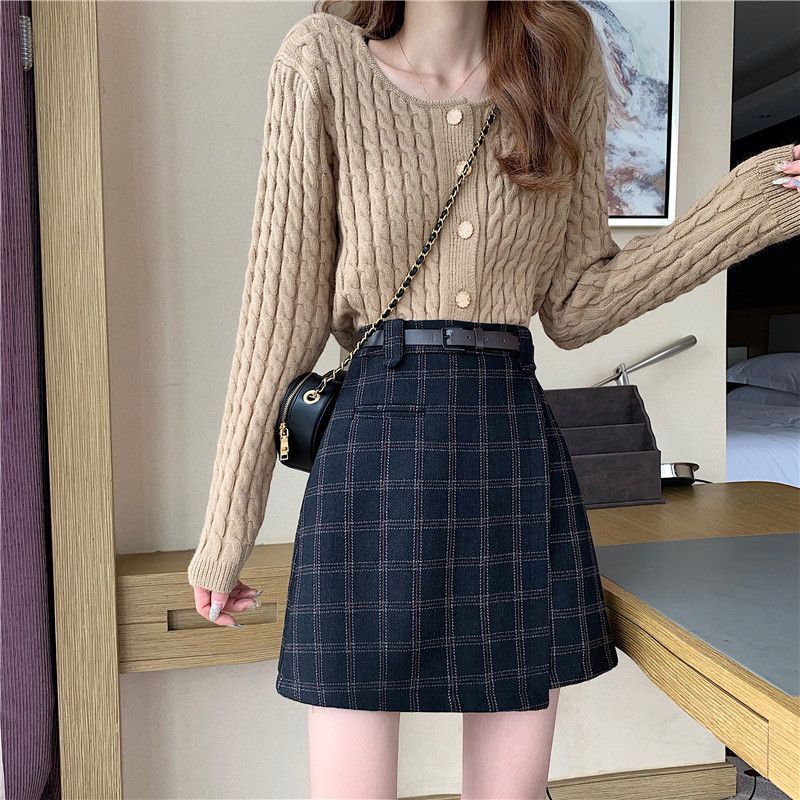 Woolen skirt women's autumn and winter plaid skirt 2020 new spring and autumn student a-line skirt high-waist slim skirt