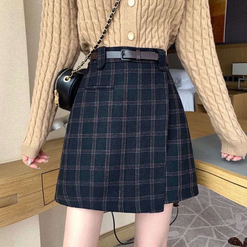 Woolen skirt women's autumn and winter plaid skirt 2020 new spring and autumn student a-line skirt high-waist slim skirt