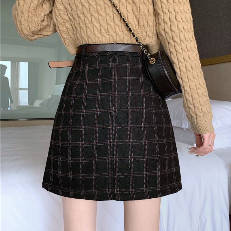 Woolen skirt women's autumn and winter plaid skirt 2020 new spring and autumn student a-line skirt high-waist slim skirt