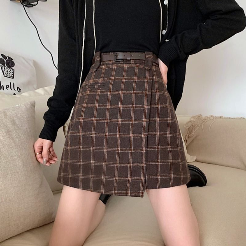 Woolen skirt women's autumn and winter plaid skirt 2020 new spring and autumn student a-line skirt high-waist slim skirt