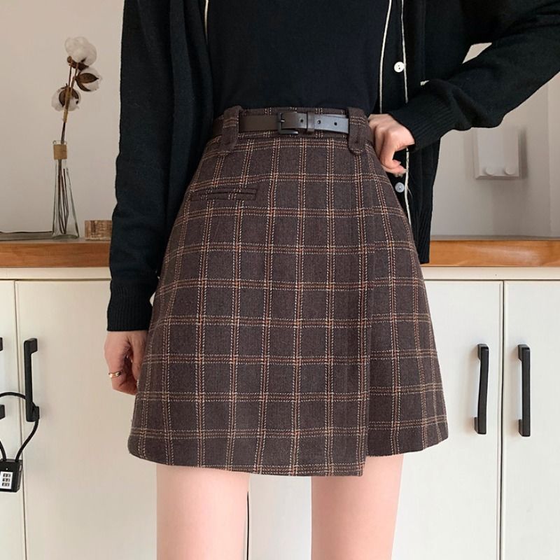 Woolen skirt women's autumn and winter plaid skirt 2020 new spring and autumn student a-line skirt high-waist slim skirt